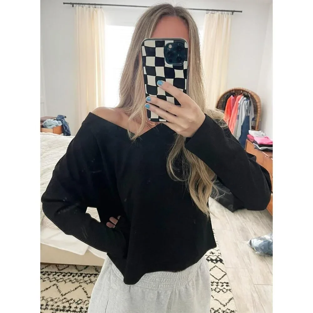 Womens Cropped Waffle Knit Sweater V Neck Long Sleeve Casual Top